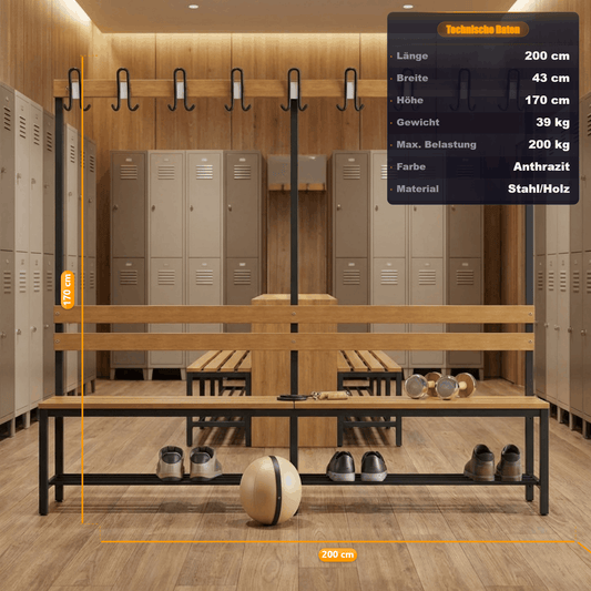 Einseitige Umkleidebank – Garderobenhaken, Schuhrost & Stabilität