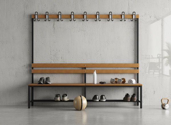 Einseitige Umkleidebank – Garderobenhaken, Schuhrost & Stabilität