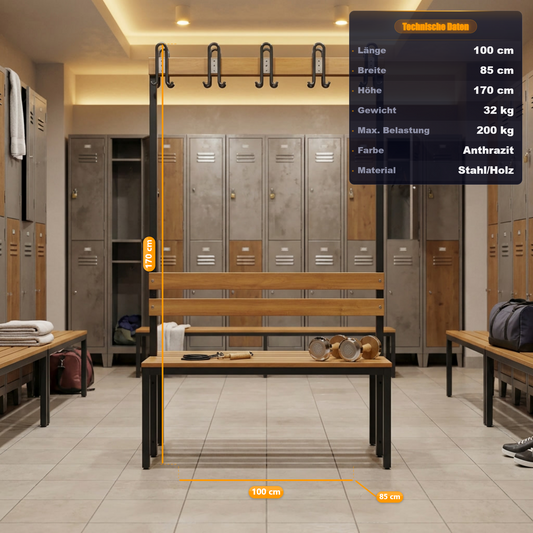 Umkleidesitzbank 2-seitig – Hakenleiste, Hartholz, TÜV/GS geprüft