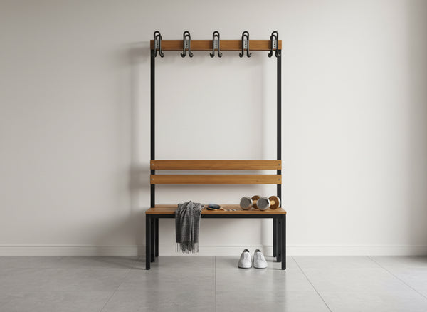 Umkleidesitzbank 2-seitig – Hakenleiste, Hartholz, TÜV/GS geprüft