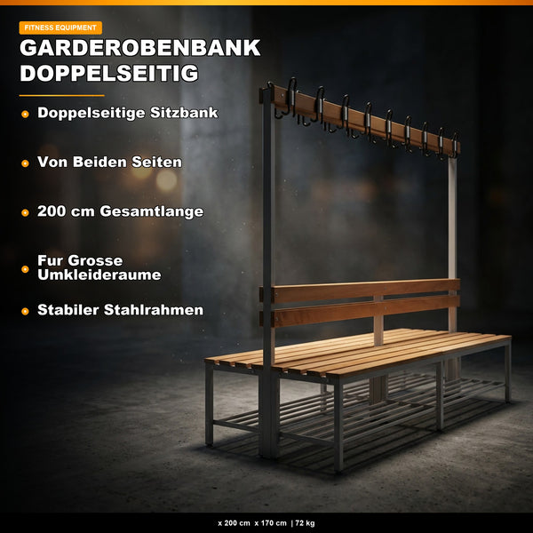 Umkleidebank 2-seitig – Echtholz, Garderobenhaken & Schuhrost