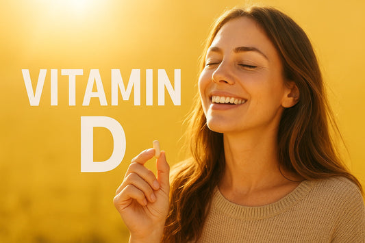 Junge Frau steht im Sonnenlicht, lächelt entspannt mit geschlossenen Augen und hält eine einzelne Vitamin-D-Kapsel in der Hand.