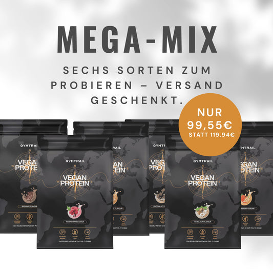 6er-Mix Veganes Proteinpulver – Mega-Mix