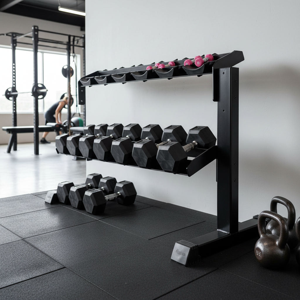 Modul-Erweiterung Dumbbell Rack – Extra Ebene mit Caps, Stabil – Seitenansicht