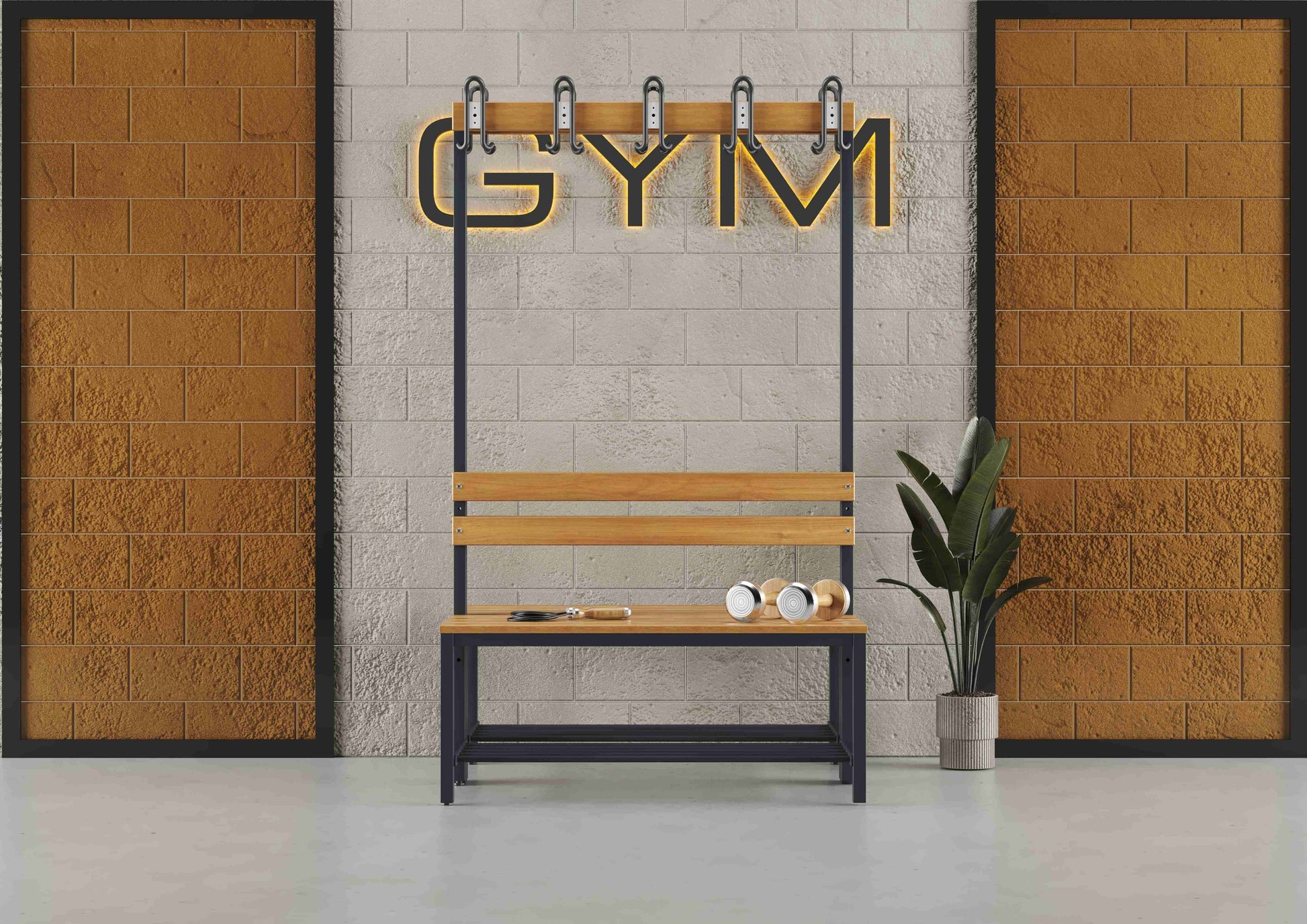 Umkleidebank Sitzbank Garderobenbank Sportraum Bank Echtholz für Fitnessstudio (2-seitig) doppelseitig mit Garderobenhaken und Schuhrost