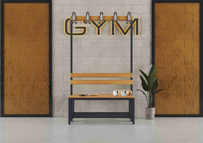 Umkleidebank Sitzbank Garderobenbank Sportraum Bank Echtholz für Fitnessstudio (2-seitig) doppelseitig mit Garderobenhaken und Schuhrost