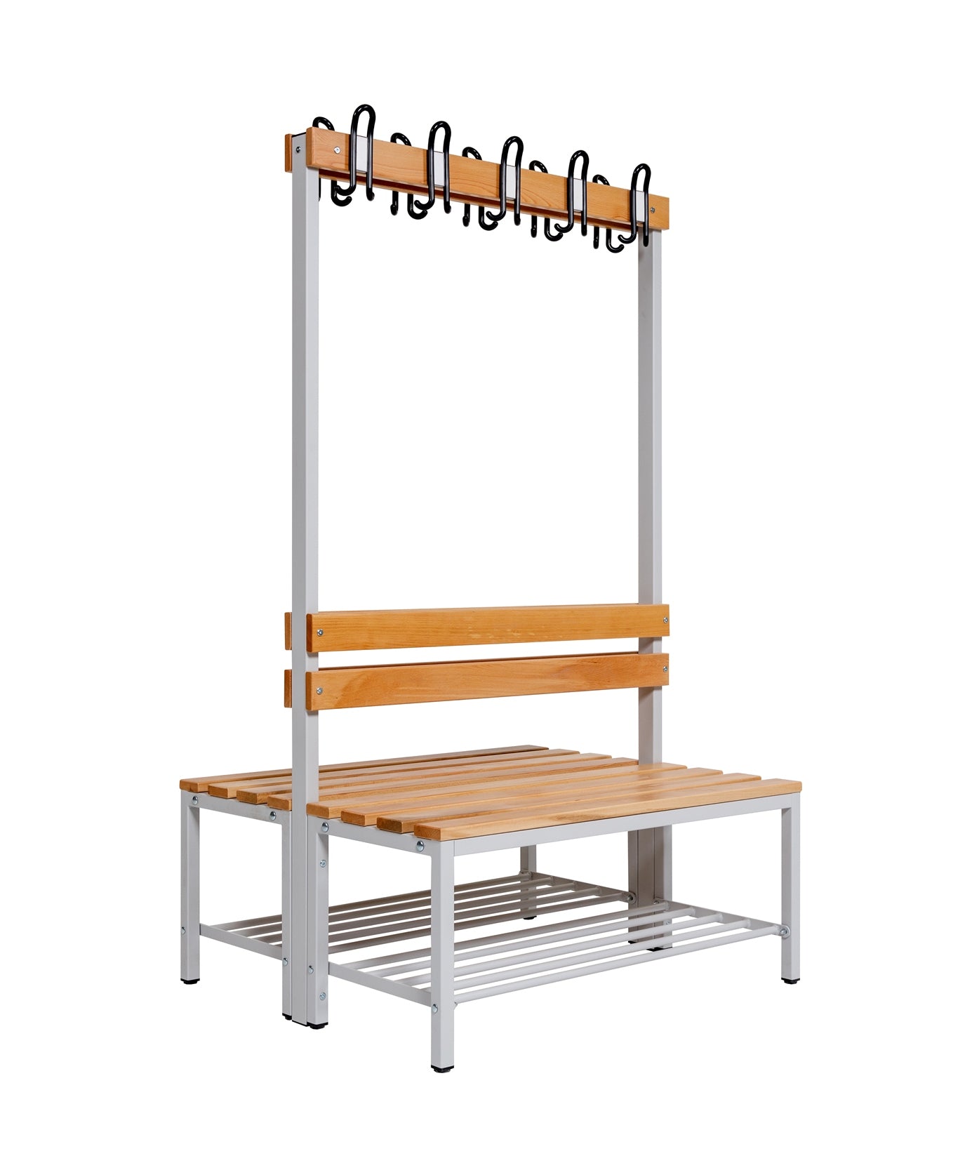 Umkleidebank Sitzbank Garderobenbank Sportraum Bank Echtholz für Fitnessstudio (2-seitig) doppelseitig mit Garderobenhaken und Schuhrost