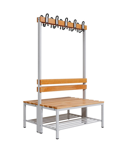 Umkleidebank Sitzbank Garderobenbank Sportraum Bank Echtholz für Fitnessstudio (2-seitig) doppelseitig mit Garderobenhaken und Schuhrost