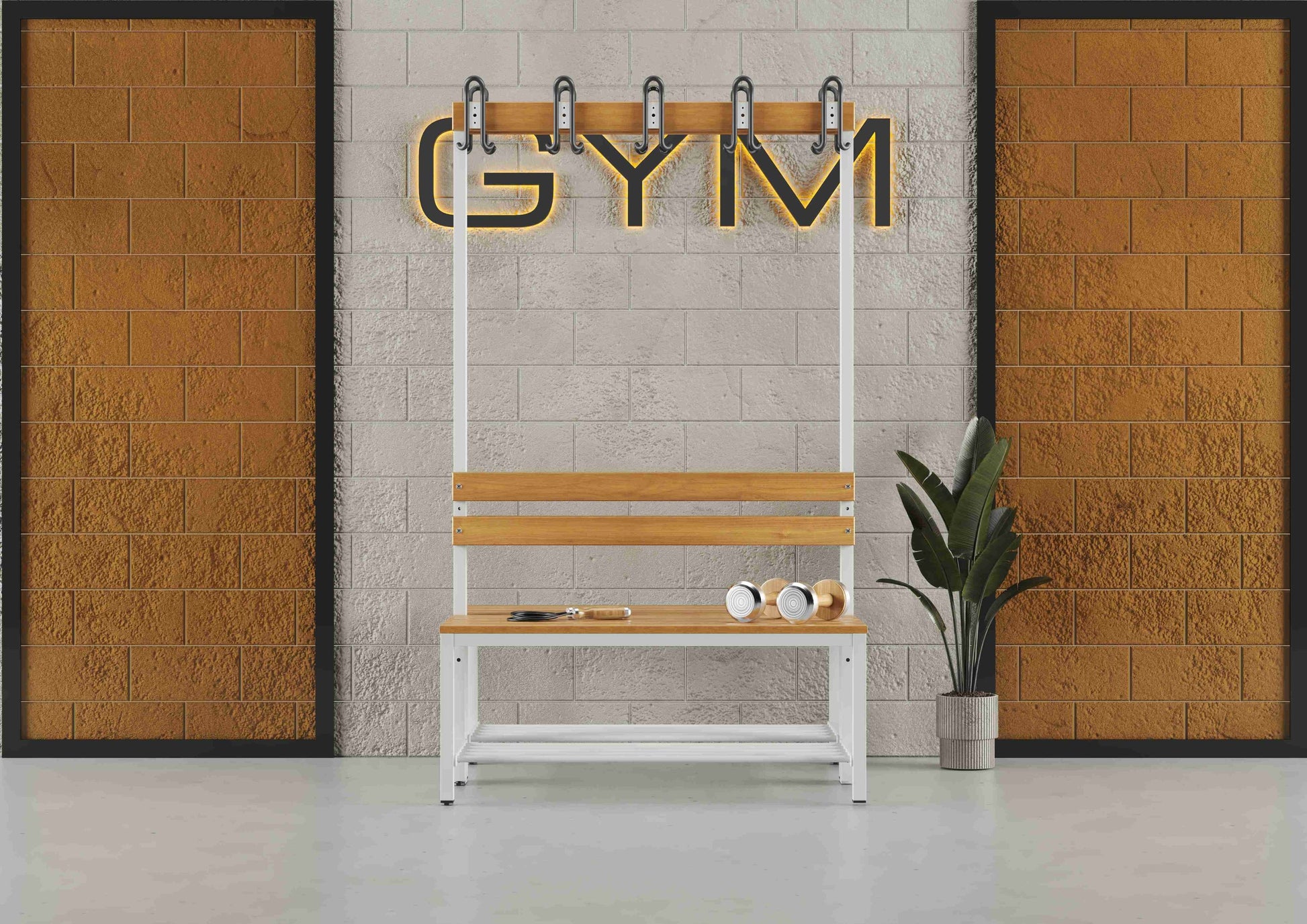 Umkleidebank Sitzbank Garderobenbank Sportraum Bank Echtholz für Fitnessstudio (2-seitig) doppelseitig mit Garderobenhaken und Schuhrost