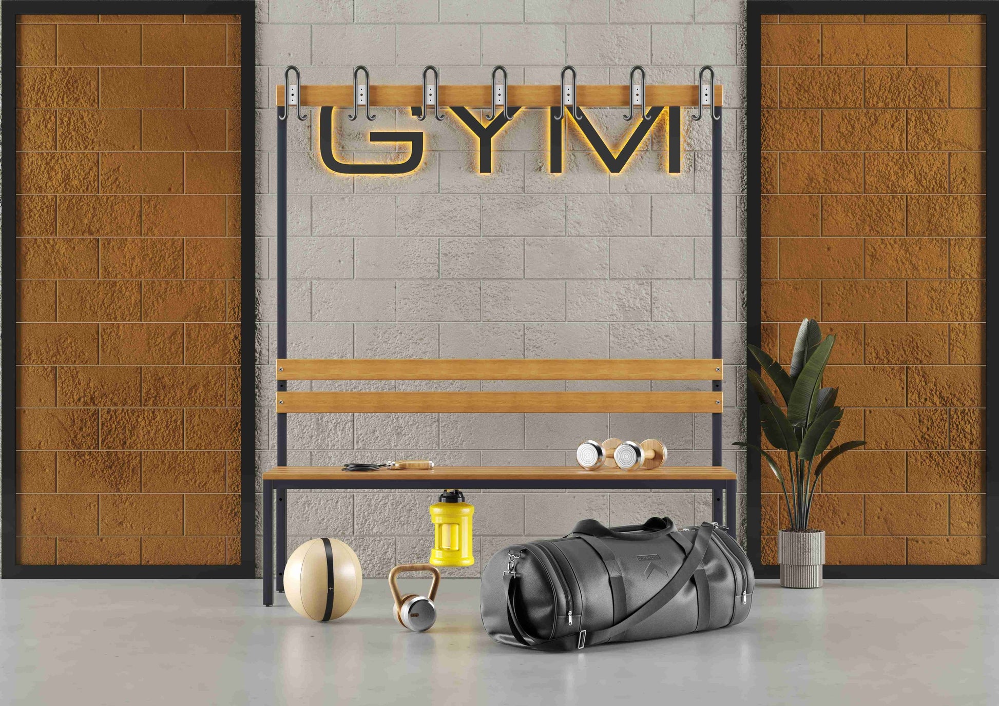 Umkleidebank Sitzbank Garderobenbank Sportraum Bank Echtholz für Fitnessstudio (2-seitig) doppelseitig mit Garderobenhaken und Schuhrost