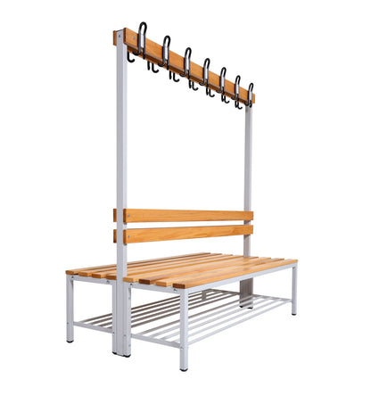 Umkleidebank Sitzbank Garderobenbank Sportraum Bank Echtholz für Fitnessstudio (2-seitig) doppelseitig mit Garderobenhaken und Schuhrost