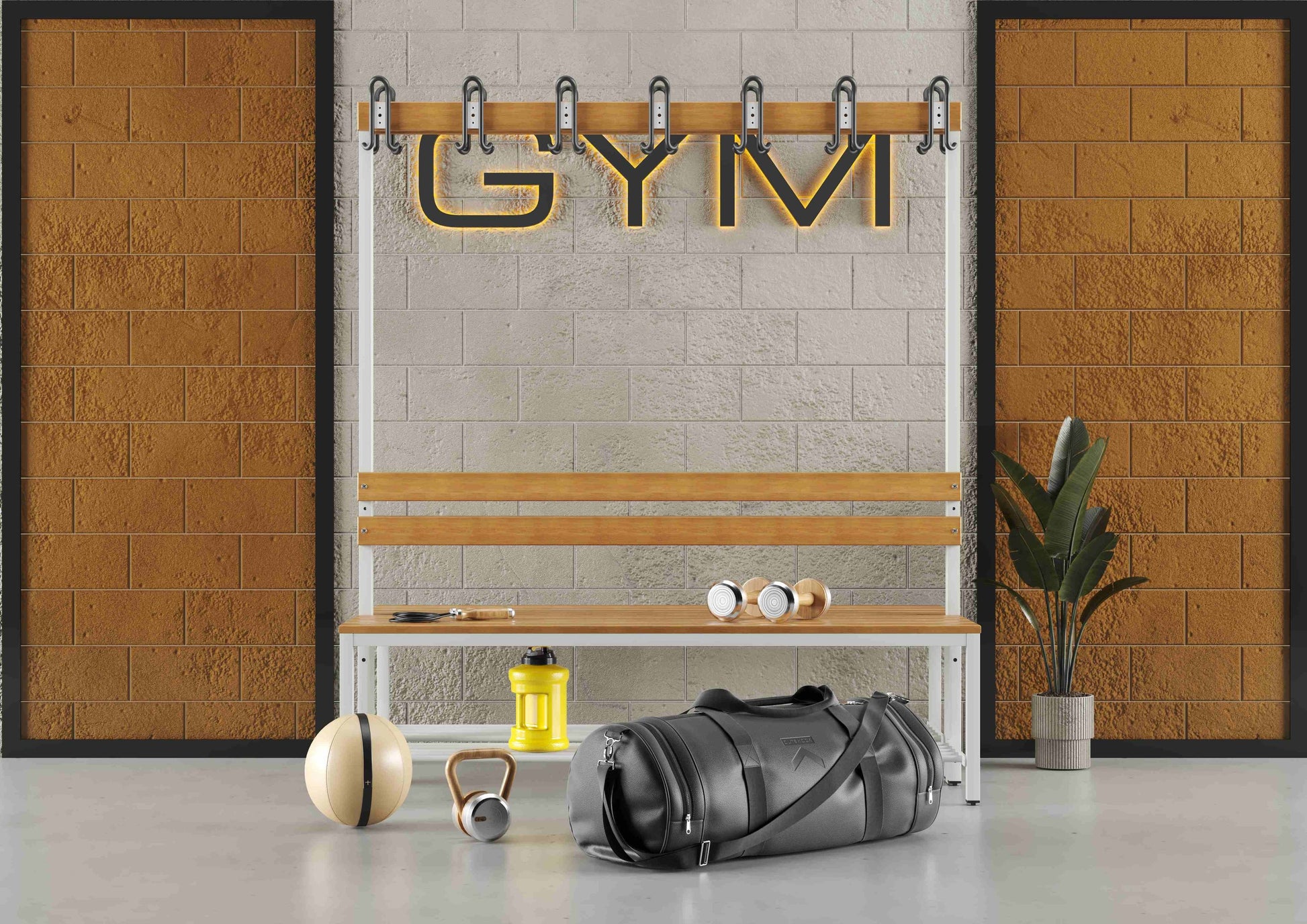 Umkleidebank Sitzbank Garderobenbank Sportraum Bank Echtholz für Fitnessstudio (2-seitig) doppelseitig mit Garderobenhaken und Schuhrost