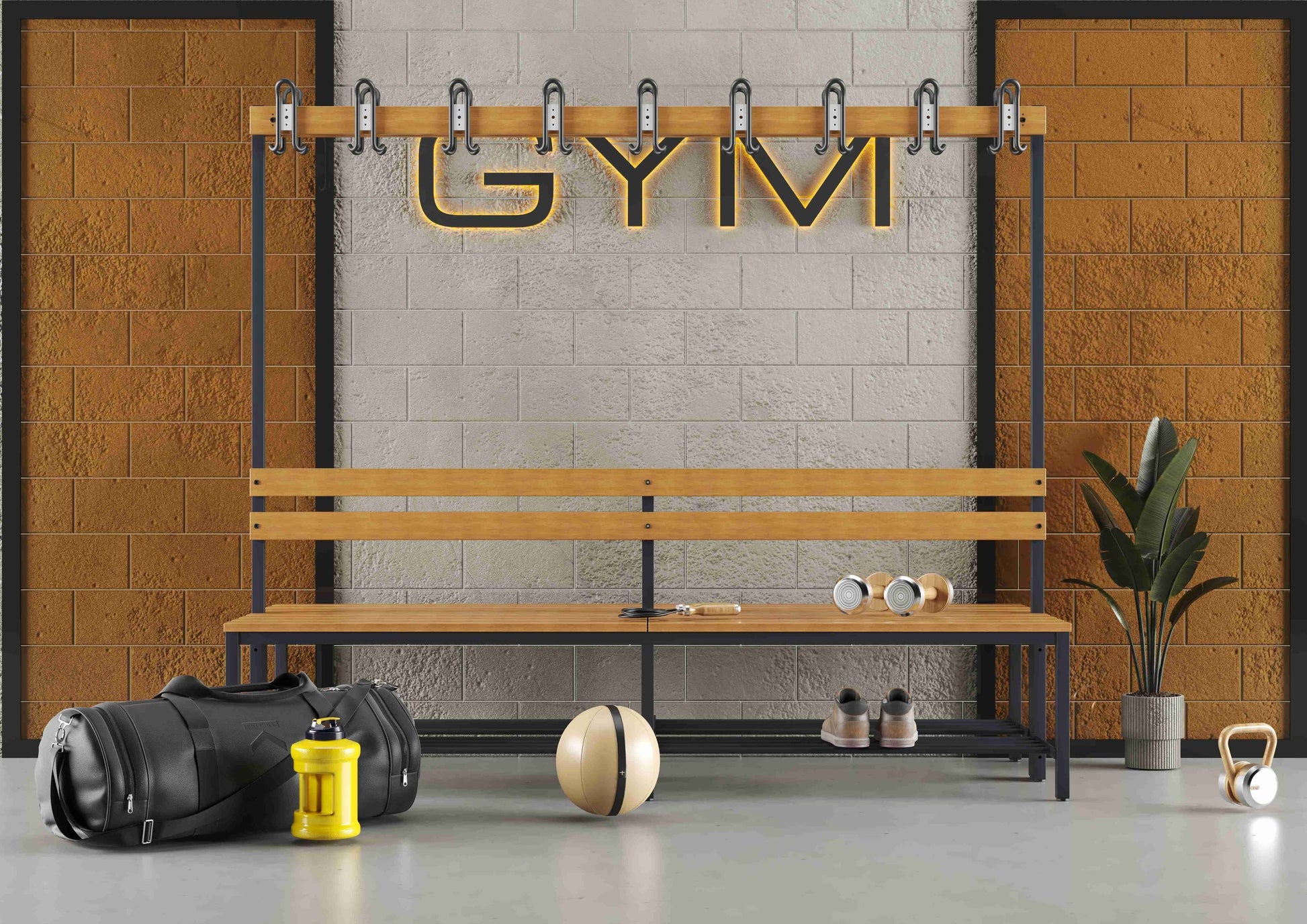 Umkleidebank Sitzbank Garderobenbank Sportraum Bank Echtholz für Fitnessstudio (2-seitig) doppelseitig mit Garderobenhaken und Schuhrost