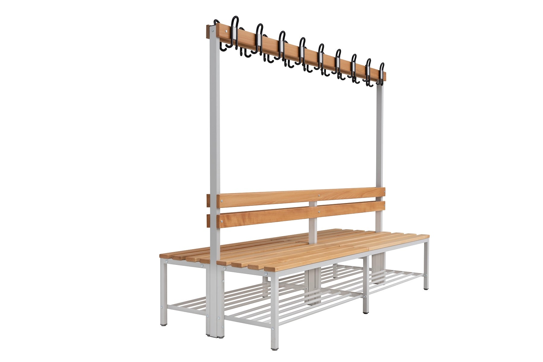 Umkleidebank Sitzbank Garderobenbank Sportraum Bank Echtholz für Fitnessstudio (2-seitig) doppelseitig mit Garderobenhaken und Schuhrost