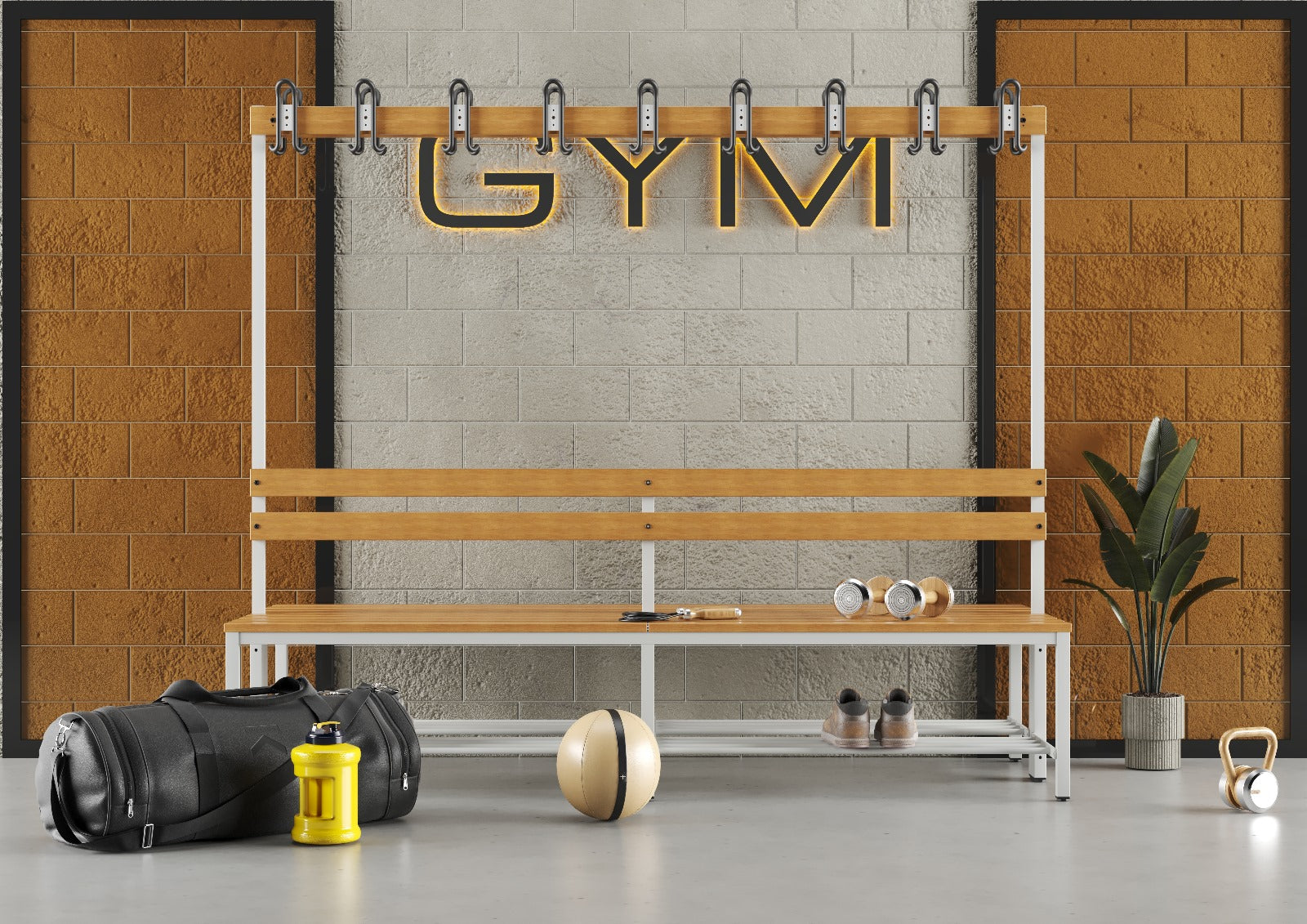 Umkleidebank Sitzbank Garderobenbank Sportraum Bank Echtholz für Fitnessstudio (2-seitig) doppelseitig mit Garderobenhaken und Schuhrost