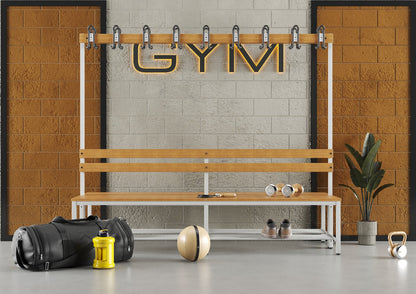 Umkleidebank Sitzbank Garderobenbank Sportraum Bank Echtholz für Fitnessstudio (2-seitig) doppelseitig mit Garderobenhaken und Schuhrost